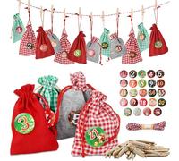 Volumoon 24 Natale Calendario Avvento Kit,Sacchetti di Iuta Natalizi,Avvento Calendario da Riempire,Sacchetti Regalo Natale,con 1-24 Adesivi numerici,Clip e Corda di Canapa,per decorazione natalizia