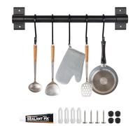 Volumoon Barra Portautensili da Cucina in Alluminio, Nera Con 5 Ganci - Per Cucina e Bagno