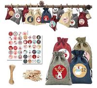 Volumoon Calendario dell'Avvento da Riempire di Natale, 24 Sacchetti di Iuta Calendario Avvento fai da te, con 1-24 Adesivi Numerici, 24 Clip e Corda di Canapa 10m, Sacchetto Regalo di Natale Bambini