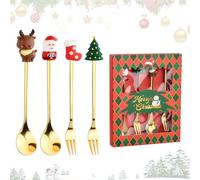 Volumoon Posate Dorate Natalizie, 4 Pezzi Natale Cucchiaino e Forchetta Posate, Cucchiaini da Caffè di Natale, Cucchiaio in Acciaio Inossidabile di Natale, per Regali di Natale (stile Natale-2)