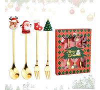 Volumoon Posate Dorate Natalizie, 4 Pezzi Natale Cucchiaino e Forchetta Posate, Cucchiaini da Caffè di Natale, Cucchiaio in Acciaio Inossidabile di Natale, per Regali di Natale (stile Natale-1)