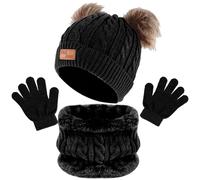 volumoon Sciarpa Guanti e Cappello Bambino, Cappello a Maglia Bambini Invernale Beanie Sciarpa Guanti, Berretto Scaldacollo Guanti Set, Berretto con Pompon per tra 1 e 6 Anni Ragazze Ragazzi (Nero)