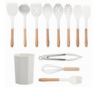 Volumoon Set di 12 Set di Utensili da Cucina in Silicone, Resistente al Calore Antiaderenti, Utensili Cucina Silicone con Manico in Legno, Set di Spatole, Antiaderente Strumento di Cottura (Bianco)