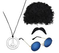 volumoon Set di Costumi Hippie Accessories, Parrucca Afro, Funky Occhiali Sole, Collana con Segno di Pace, Baffi Fint, 4 Pezzi Set di Costumi Hippie Parrucca Uomo, per Festa a Tema Anni 50/60/ 70