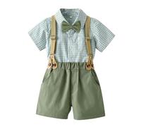 Volunboy Bimbo Completini e Coordinati Gentiluomo, Fiocco Camicia e Bretelle Pantalocini 4 Pezzi Ragazzi per Matrimoni Compleanni（Plaid Verde，3-4 anni，Taglia 110）