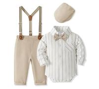 Volunboy Bimbo Neonato Completini e Coordinati Gentiluomo, Body Elegante con Papillon + Pantaloni con Bretelle + Baretto 5 Pezzi(Taglia 90,18-24 mesi,Righe Cachi
