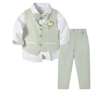 Volunboy Completo Elegante per Bambino, Ragazzi Cerimonia Nozze Vestito 5 Pezzi Gilet + Camicia + Pantaloni + Papillon + Boutonnière(Taglia 100,2-3 Anni,Verde Salvia)