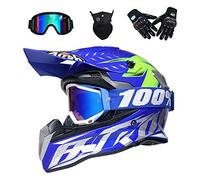 VOMI® Integrale Casco del Motociclo, Giovani Caschi Scooter off Road Dirt Bike, Corse di Motocross del Caschi Bici Quattro Stagioni Universali Guanti Occhiali Maschera Set 4 Pezzi,Blu,L