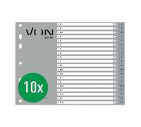 VON Leitz 13030085 - Indice alfabetico A-Z per raccoglitori, A4, cartone PP, mezza altezza, extra largo, 11 fori, divisori alfabetici, grigio, 10 pezzi