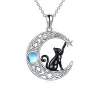 VONALA Collana in Argento Sterling con Gatto Nero e Luna per Donne Albero della Vita 2 Gioielli con Gatto per Donne Collana con Abalone Regalo per Halloween, 29,2 x 20,2 mm, 46 + 5 cm, Argento