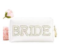 VONCYKI Borsa per il trucco da sposa Borsa cosmetica in pelle PU Beauty Bag Pearl Strass Lettera Patch Bling Regali Sposa Cerniera Borsa Viaggio Orga, Sposa., Taglia unica
