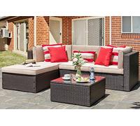 Vongrasig Set di 5 mobili da patio, per tutte le stagioni, in vimini di polietilene, set componibile per giardino, patio, con ottomana, tavolo in vetro, cuscino rosso, beige