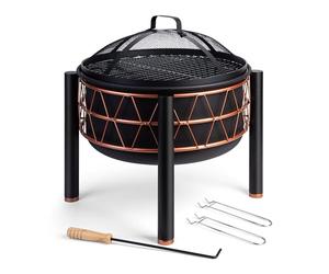 VonHaus Braciere - 2-in-1 con Griglia BBQ per esterni, giardino e patio, in acciaio nero con dettaglio rame, con attizzatoio e coperchio in rete inclusi, legna o carbone