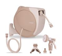 VONROC Avvolgitubo Automatico con Tubo Premium 20 m | Riavvolgimento Automatico | Pistola a 8 Getti | Avvolgitubo da Parete per Irrigazione Giardino, Beige