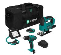 VONROC Set attrezzi a batteria VPower 20V. Include trapano, seghetto alternativo, lampada da lavoro LED, 1x batteria 2.0Ah, caricatore rapido e borsa (3 attrezzi 1x 2.0Ah)
