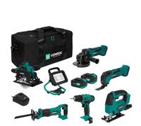 VONROC Set attrezzi a batteria VPower 20V. Include trapano, seghetto alternativo, lampada da lavoro LED, 1x batteria 2.0Ah, caricatore rapido e borsa (6 attrezzi 2x 4.0Ah)