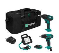 VONROC Set attrezzi a batteria VPower 20V. Include trapano, seghetto alternativo, lampada da lavoro LED, 1x batteria 2.0Ah, caricatore rapido e borsa (3 attrezzi 2x 2.0Ah)