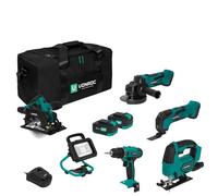 VONROC Set attrezzi a batteria VPower 20V. Include trapano, seghetto alternativo, lampada da lavoro LED, 1x batteria 2.0Ah, caricatore rapido e borsa (5 attrezzi 2x 4.0Ah)