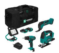 VONROC Set attrezzi a batteria VPower 20V. Include trapano, seghetto alternativo, lampada da lavoro LED, 1x batteria 2.0Ah, caricatore rapido e borsa (3 attrezzi 2x 2.0Ah)