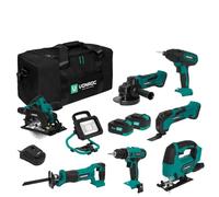 VONROC Set attrezzi a batteria VPower 20V. Include trapano, seghetto alternativo, lampada da lavoro LED, 1x batteria 2.0Ah, caricatore rapido e borsa (7 attrezzi 2x 4.0Ah)