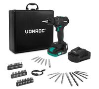 VONROC Trapano Avvitatore PRO 20V Brushless | 40Nm, 2 Velocità, 17+1 Regolazioni | Con Batteria 2.0Ah, Caricabatterie Rapido, 46 Accessori e Valigetta in Alluminio | Modello CD511DC