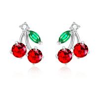 VONSSY Orecchini Ciliegia | Orecchini pendenti e a bottone con goccia rossa Cherry Stud-Platinum