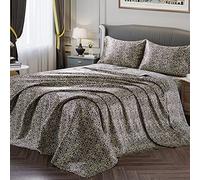 Vonty - Set di lenzuola in raso morbido come la seta, per letto matrimoniale, 1 lenzuolo con angoli profondi + 1 lenzuolo di sopra + 2 federe, motivo: leopardato