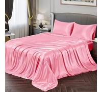 Vonty - Set di lenzuola in raso morbido come la seta, per letto singolo, 1 lenzuolo con angoli profondi + 1 lenzuolo di sopra + 1 federa, colore: rosa acceso