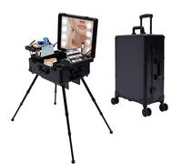 VonVVer Valigetta per cosmetici, con 8 luci, grande con specchio, per trucchi, altezza gamba regolabile, con rotelle, colore: nero