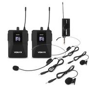 VONYX WM552B Dual UHF Wireless Headset Microfono System, include 2 cuffie microfono e 2 microfoni Lavalier Lapel, portata 50 m, display digitale per presentazioni e performance professionali