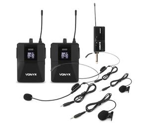 VONYX WM552B Dual UHF Wireless Headset Microfono System, include 2 cuffie microfono e 2 microfoni Lavalier Lapel, portata 50 m, display digitale per presentazioni e performance professionali