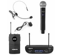 Vonyx WM82C Digital - Sistema Radiomicrofono UHF, 2 Canali, 1x Microfono Headset & Trasmettitore Tascabile/1 x Microfono a Mano, Fino a 50 m di Copertura, Valigia di Trasporto