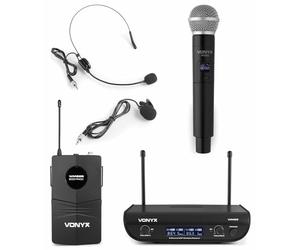 Vonyx WM82C Digital - Sistema Radiomicrofono UHF, 2 Canali, 1x Microfono Headset & Trasmettitore Tascabile/1 x Microfono a Mano, Fino a 50 m di Copertura, Valigia di Trasporto