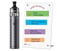 VOO|POO Doric 60 Pro Kit 60W Vape 2500 mAh Battery with PnP X Cartridge 5ml fit PnP X Coil- button activation MTL DTL Electronic Cigarette Vaporizer No Nicotine (Cristallo grigio)