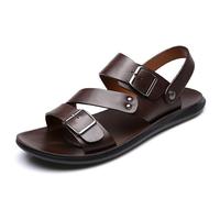 VOODUE Men's Sandals Solid Color Open Toe Mens Leather Sandals Slippers Beach for Male Leather Footwear (Color : Marrone, Size : 41 EU)