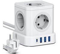 VOOMY 9-in-1 Cubo Multipresa con USB, Multipresa Elettrica con 3 USB-A, 1 USB-C e 5 Prese, 4000W Presa Multipla con Interruttore e Protezione Sovratensione, Power Cube con Cavo 2 Metri, Bianco