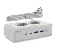 VOOMY Ciabatta Multipresa con 20W Carica Rapida, Presa Multipla Salvaspazio con 2 Spina AC, Ciabatta Multipresa con 2 USB-C & 2 USB-A, Interruttore e Cavo da 2m (Bianco, 20W)