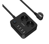 VOOMY Ciabatta Multipresa Salvaspazio con USB, Multiprese Elettriche Salvaspazio con 2 Schuko e 4 USB, Presa con Interruttore Automatico di Protezione (4000W), Nero