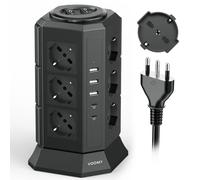 VOOMY Multipresa Verticale con 12 Prese Universali ITA (4000W 10/16A), 2 USB C (20W PD3.0) e 3 USB A, Ciabatta Multipresa Protezione Sovratensione con 2 Interruttori Indipendenti, 2M Cavo, Nero