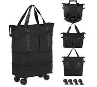 VOOWO Borsa da viaggio con ruote, borsone pieghevole espandibile con ruote per viaggi, bagaglio a mano, borsone da viaggio con ruote, grande borsa da fine settimana per donne e uomini, Nero, Borsone