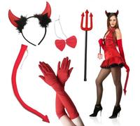 VOPIWOZ Costume da Diavoletta da Donna Set di 5 Pezzi, Corna da Diavoletta per Halloween, Tridente, Guanti Rossi Lunghi, Papillon e Coda, per Donne Halloween Carnevale Mascherata Festa a Tema Cosplay