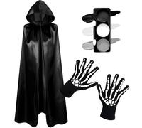 VOPIWOZ Mantello Nero con Cappuccio, Guanti Scheletro per Bambini, Vernice per Il Viso in 3 Colori Nero, Bianco e Grigio, Mantello da Vampiro per Bambini, per Halloween, Carnevale (140 cm)