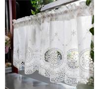 Vordesack Tendina per finestra con ricamo in cotone, motivo floreale e bordo in pizzo, stile rustico, con passante, 1 pezzo, bianco, altezza x larghezza 40 x 200 cm