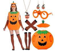 VorErgyllic Costume da zucca per Halloween, set da 8 pezzi | Costume da zucca in feltro con borsa per il trasporto, occhiali, gioielli in lega, maniche a righe e calzini per feste di
