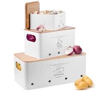 VORHOT Porta Patate Cipolle Aglio, Set di 3 Contenitore Patate e Cipolle e Aglio, Porta Patate Cucina con con Coperchio in Bambù e Fori di Ventilazione, Bianco