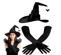 VorPrillynt Set di Cappello da Strega e Guanti Lunghi, Cappello da Strega Pieghevole con Ciondolo a Forma di Pipistrello, Guanti Elasticizzati da 53 cm, Halloween, Carnevale ed Teatro - B