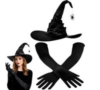 VorPrillynt Set di Cappello da Strega e Guanti Lunghi, Cappello da Strega Pieghevole con Ciondolo a Forma di Ragno, Guanti Elasticizzati da 53 cm, Halloween, Carnevale ed Teatro - A