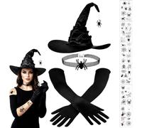 VorPrillynt Set di Cappello da Strega e Guanti Lunghi, Cappello da Strega Pieghevole con Ciondolo a Forma di Ragno, Tatuaggio Ragno e Collana Gotica, Halloween, Carnevale ed Teatro - 9 Pezzi