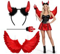 VorPrillynt Set di costumi da diavolo per Halloween, 3 pezzi, ali da diavolo, corna da diavolo, cerchietto e forchetta da diavolo, accessori per costume da diavolo, accessori per costumi di Halloween