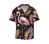 Vortithora Black-Leaf-Flamingos - Camicia da uomo a maniche corte con colletto cubano e bottoni, per spiaggia, vacanze e abbigliamento estivo casual, Nero , 4XL